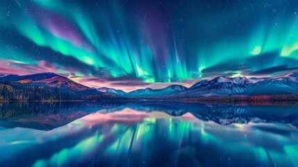The mesmerizing dance of the aurora borealis in shades of green and blue lights up the night sky above a tranquil mountain lake.