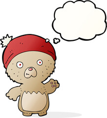 cartoon cute teddy bear in hat with thought bubble