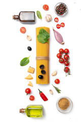 Ingredients for cooking Italian spaghetti pasta isolated on white background