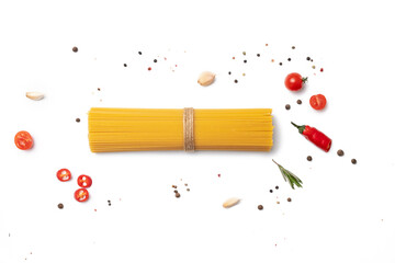 Ingredients for cooking Italian spaghetti pasta isolated on white background