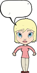 cartoon woman shrugging shoulders with speech bubble