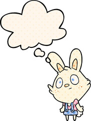 cartoon rabbit shrugging shoulders and thought bubble in comic book style
