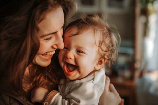 mother and child laughing together while mother holds her toddler. 