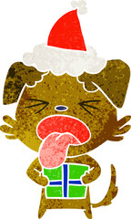 retro cartoon of a dog with christmas present wearing santa hat