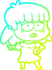 cold gradient line drawing cartoon tired woman