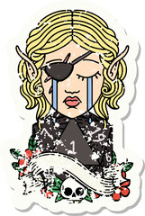 sad elf rogue character face with natural one d20 roll grunge sticker