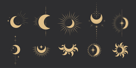 Set gold mystic moon celestial astrology magic element with rays, stars, burst minimal line tattoo, border or decoration isolated on dark background. Space symbols, emblem. Vector illustration