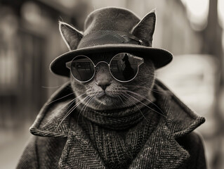 Noir Cat in Hat and Sunglasses on City Street