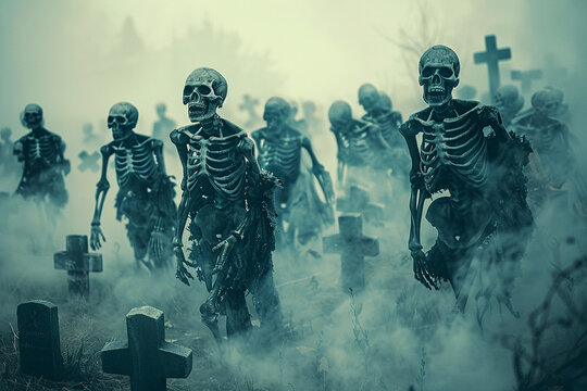 An undead army of skeletons emerging from a fog-covered graveyard ready to wreak havoc
