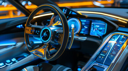 Create a futuristic electric car prototype with hologram technology integrated into the dashboard