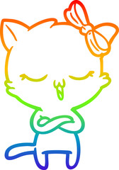 rainbow gradient line drawing cartoon cat with bow on head