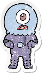 distressed sticker of a cartoon cyclops alien spaceman