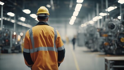 Factory worker in a hard hat is walking through industrial facilities