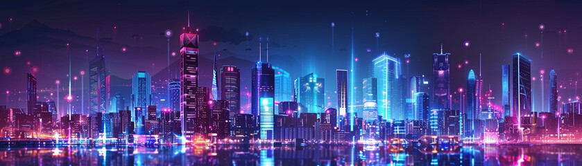 Obraz premium Illustrate a backdrop background featuring a unique cityscape filled with holographic projections
