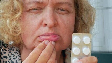 stomatitis in mouth closeup, close-up on the lip with aphthous stomatitis, treatment of inflammation of the oral mucosa, concept