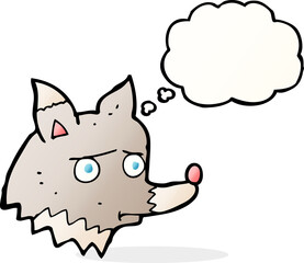 cartoon unhappy wolf with thought bubble