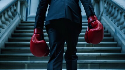 Against the backdrop of the courthouse facade, a lawyer's stride exudes confidence and determination, their boxing gloves symbolizing their commitment to defending their client's interests. - obrazy, fototapety, plakaty