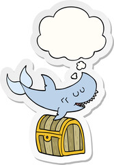 cartoon shark swimming over treasure chest and thought bubble as a printed sticker