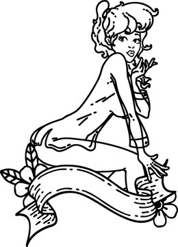 black line tattoo of a pinup girl wearing a shirt with banner