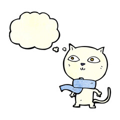 cartoon funny cat wearing scarf with thought bubble