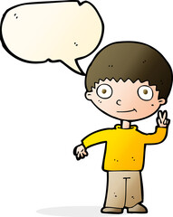 cartoon boy giving peace sign with speech bubble