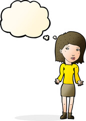 cartoon woman shrugging shoulders with thought bubble