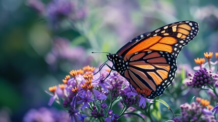 Vibrant Monarch Butterfly Resting on Purple Wildflowers at Golden Hour
