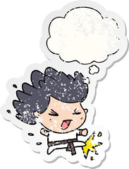 cartoon kicking karate champ and thought bubble as a distressed worn sticker