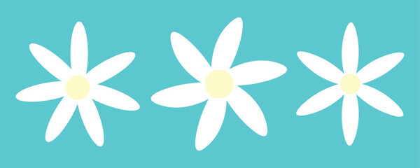 Cartoon daisy logo designs, chamomile flower icons. Flat spring floral elements. Blossom flowers with white petals. Doodle daisy vector set with background.