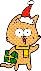 funny comic book style illustration of a cat wearing santa hat