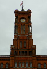 Fototapeta na wymiar Germany, Berlin, Rathausstraße 15, Rotes Rathaus, tower and clock of Rotes Rathaus
