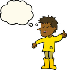 cartoon poor boy with positive attitude with thought bubble