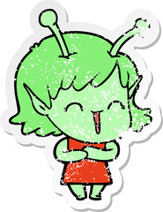 distressed sticker of a cartoon happy alien girl