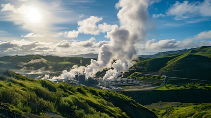 Geothermal energy plant in a green landscape, steam rising, sustainable development, clean and renewable energy source
