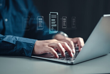 Obraz premium document, information, management, technology, database, folder, access, file, office, online. document management concept with icons on virtual screen. employee typing keyboard checking documents.