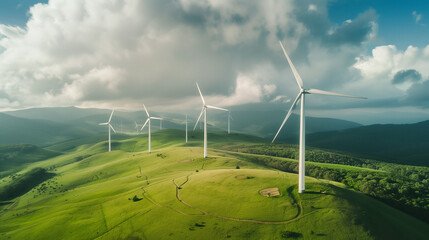 Wind turbines in a lush green field, symbolizing renewable energy, clear blue sky, sustainable and clean power source