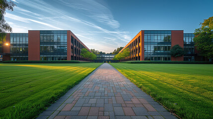 university college campus on a sunny day, educational building - obrazy, fototapety, plakaty