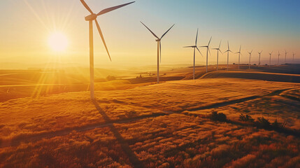 Row of wind turbines at sunrise, golden light casting long shadows, renewable energy landscape, clear sky