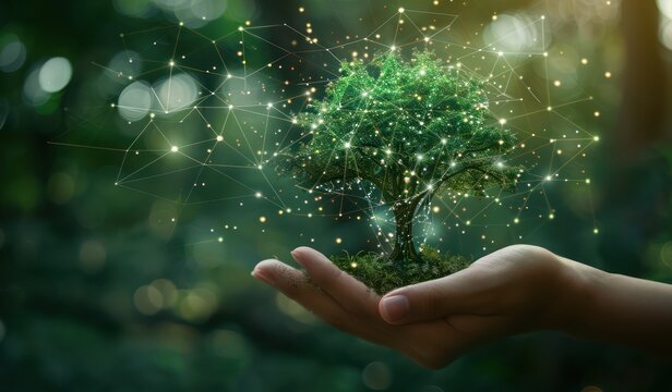 A hand holding a tree with plexus effect against a natural background. Abstract technology. Environment and ecology protection concept.