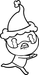line drawing of a bearded man crying wearing santa hat