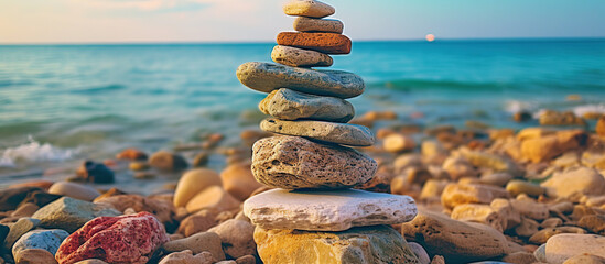 Stack of stones meditation yoga balance on sea shore, close up - obrazy, fototapety, plakaty