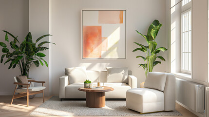 Contemporary living room mockup, sleek furniture and art decor, vibrant accent pieces, bright and airy space with indoor plants