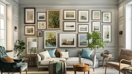 Gallery wall mockup, eclectic frames and artwork, varied sizes and styles, cohesive yet dynamic display, soft gallery lighting - obrazy, fototapety, plakaty