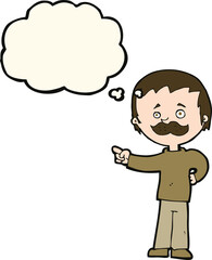 cartoon man with mustache pointing with thought bubble