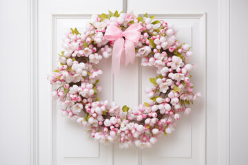 Fototapeta na wymiar Easter card template. Flowers wreath on wooden door. Happy Easter backdrop. Spring celebrations background.