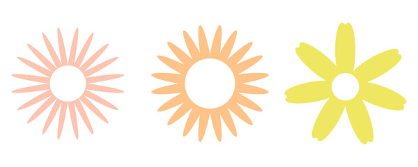 Cartoon daisy logo designs, chamomile flower icons. Flat spring floral elements. Blossom flowers with white petals. Doodle daisy vector set with background.