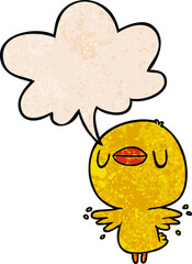 cute cartoon chick flapping wings and speech bubble in retro texture style