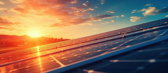 Solar panel with blue sky and sunset.