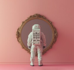 Astronaut standing in front of the vintage circular mirror. Surreal, reflection background. - 751585961