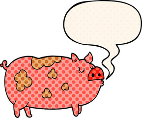 cartoon pig and speech bubble in comic book style